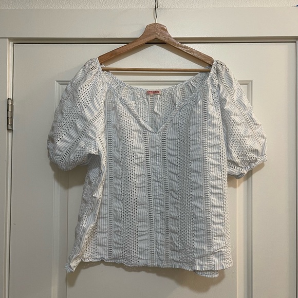 Organic John Patrick Pima Cotton Eyelet Blouse Blue Stripe - Picture 2 of 7